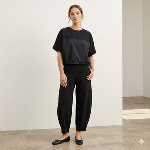 Marc NY Andrew Marc Black Mixed Media Toggle Pull Waist Dolman Crop Top Medium